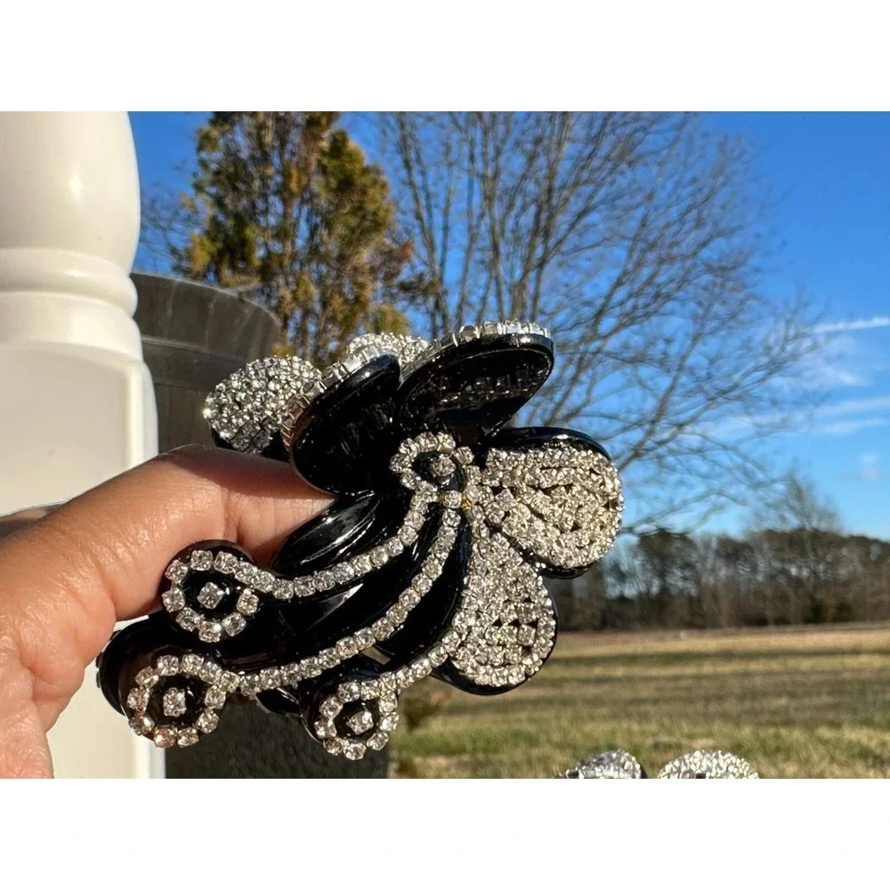 Sparkling Rhinestone Flower Hair Claw Clip‎ Black Acetate Elegant Accessory